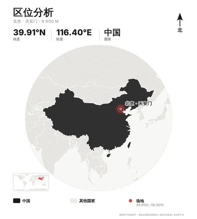 北京 · 天安门的区位分析图，经典黑配色