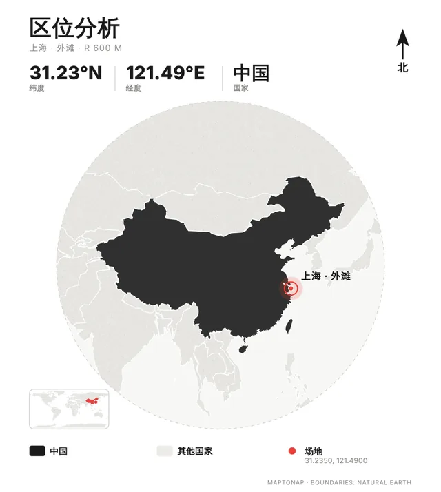 上海 · 外滩的区位分析图，经典黑配色