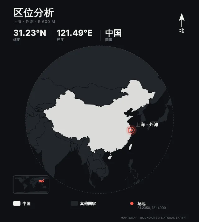 上海 · 外滩的区位分析图，夜色配色