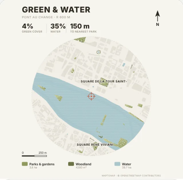 Green and water map in the Olive palette, generated with MapToNap, Île de la Cité, Paris