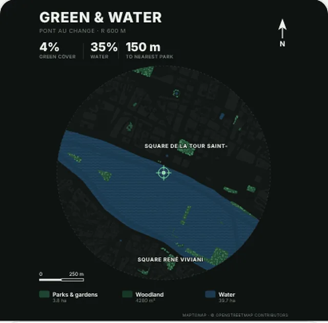 Green and water map in the Night green palette, generated with MapToNap, Île de la Cité, Paris