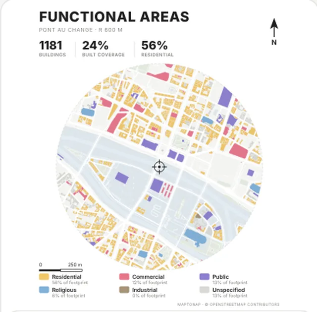 Land use map in the Bright palette, generated with MapToNap, Île de la Cité, Paris