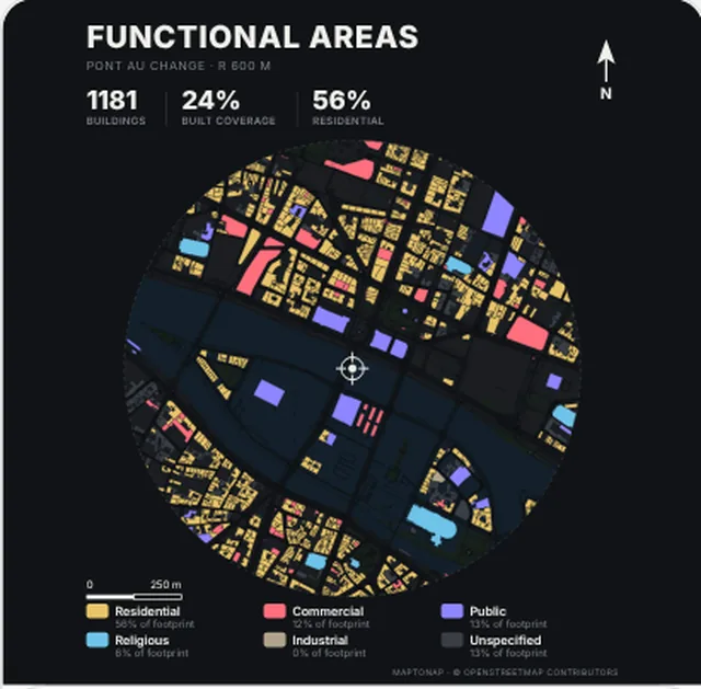 Land use map in the Night palette, generated with MapToNap, Île de la Cité, Paris