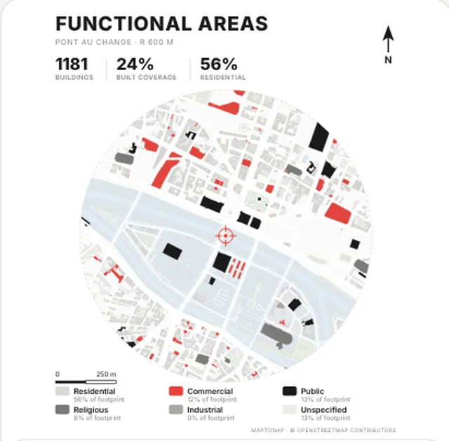 Land use map in the Red and grey palette, generated with MapToNap, Île de la Cité, Paris