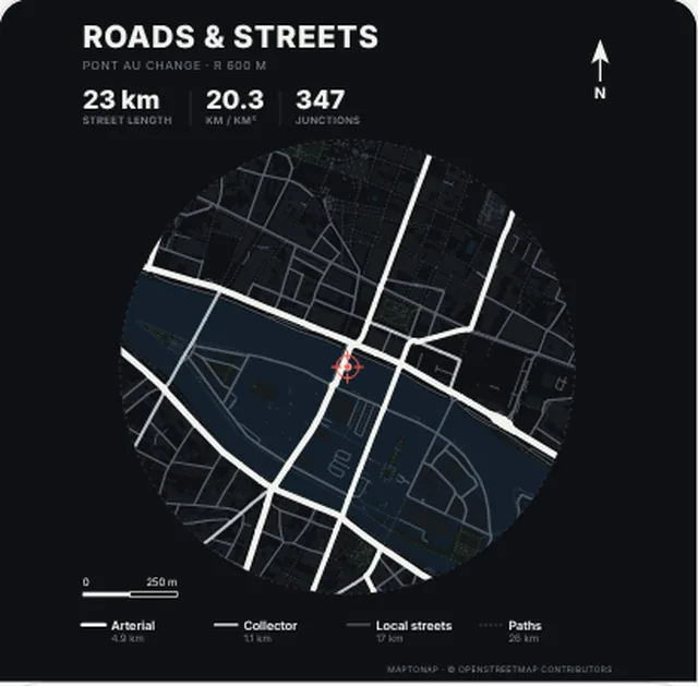 Streets and roads map in the Night palette, generated with MapToNap, Île de la Cité, Paris