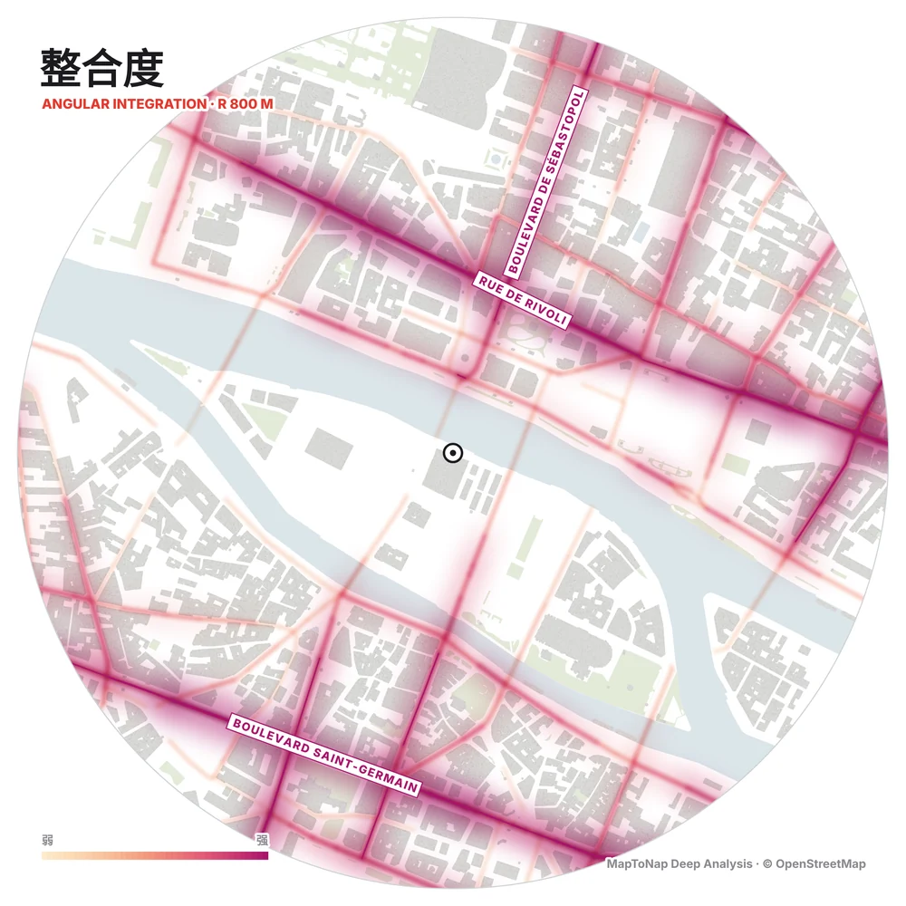 MapToNap 计算的巴黎西岱岛附近 800 m 半径角度整合度