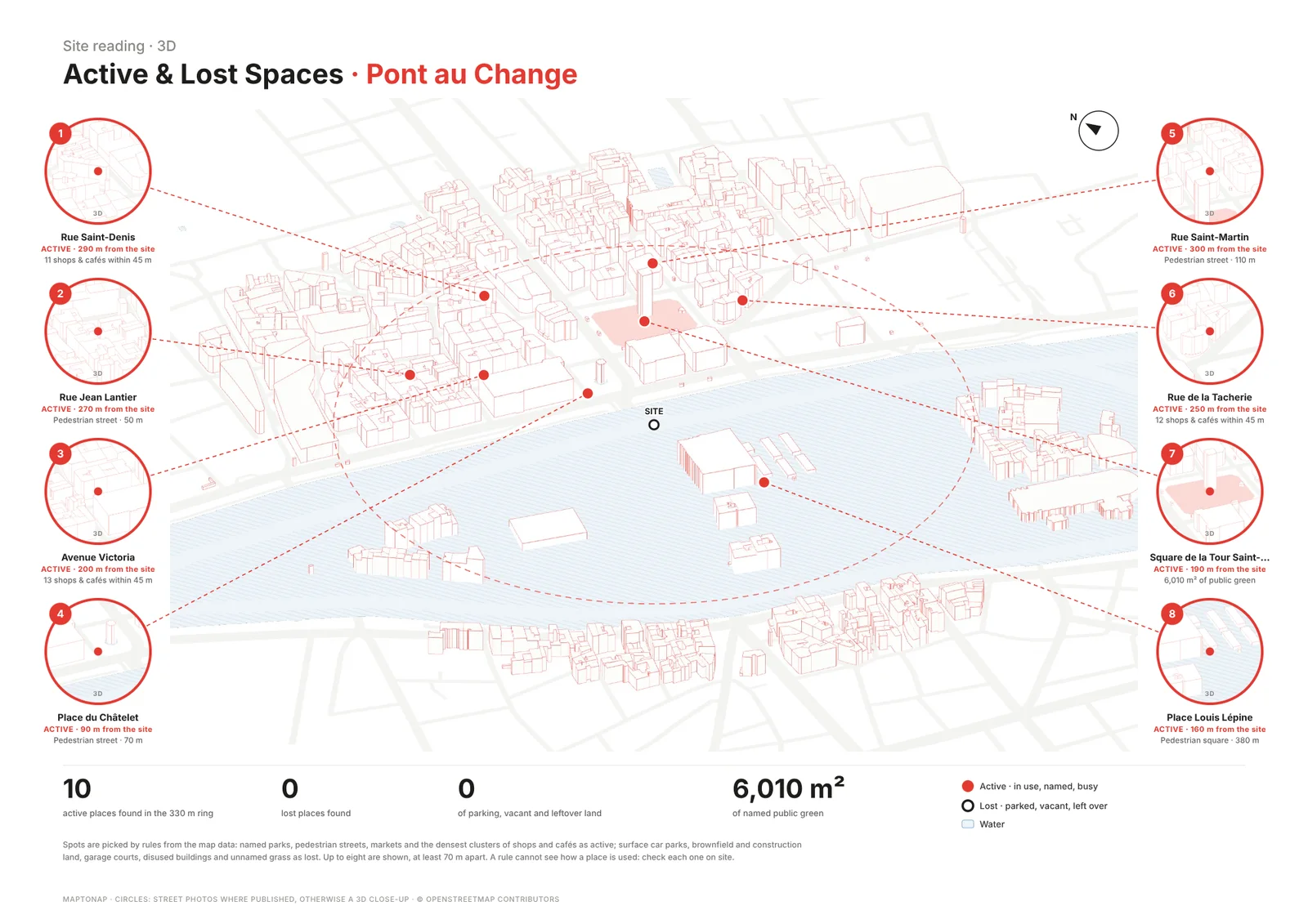 Active and lost spaces around Pont au Change, Paris: line axonometric with named squares, pedestrian streets and busy corners in circles