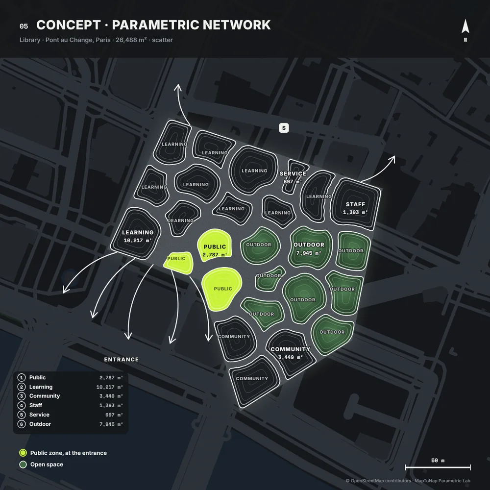 Concept · parametric: MapToNap Site to Design, library at Pont au Change, Paris