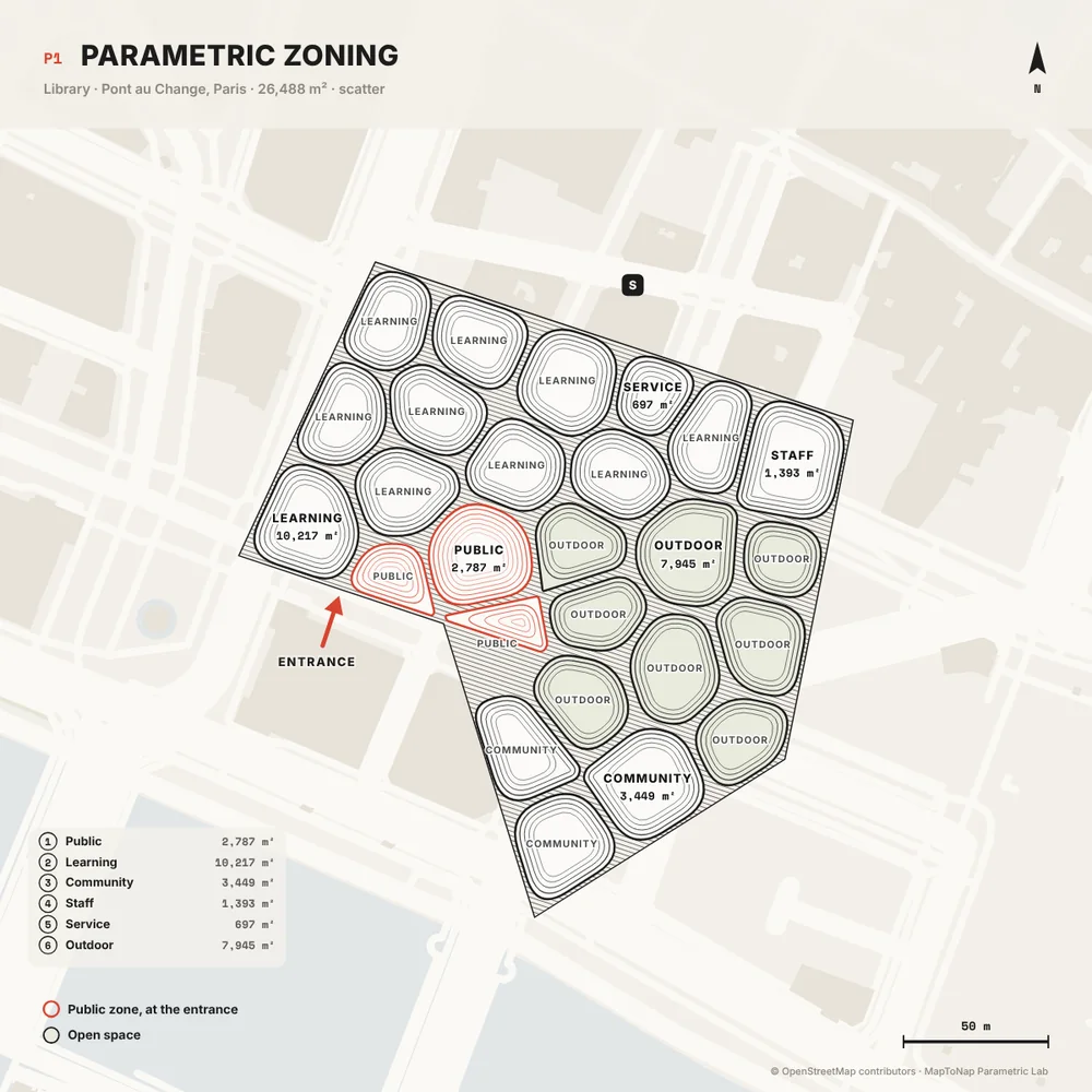 Parametric zoning: MapToNap Site to Design, library at Pont au Change, Paris