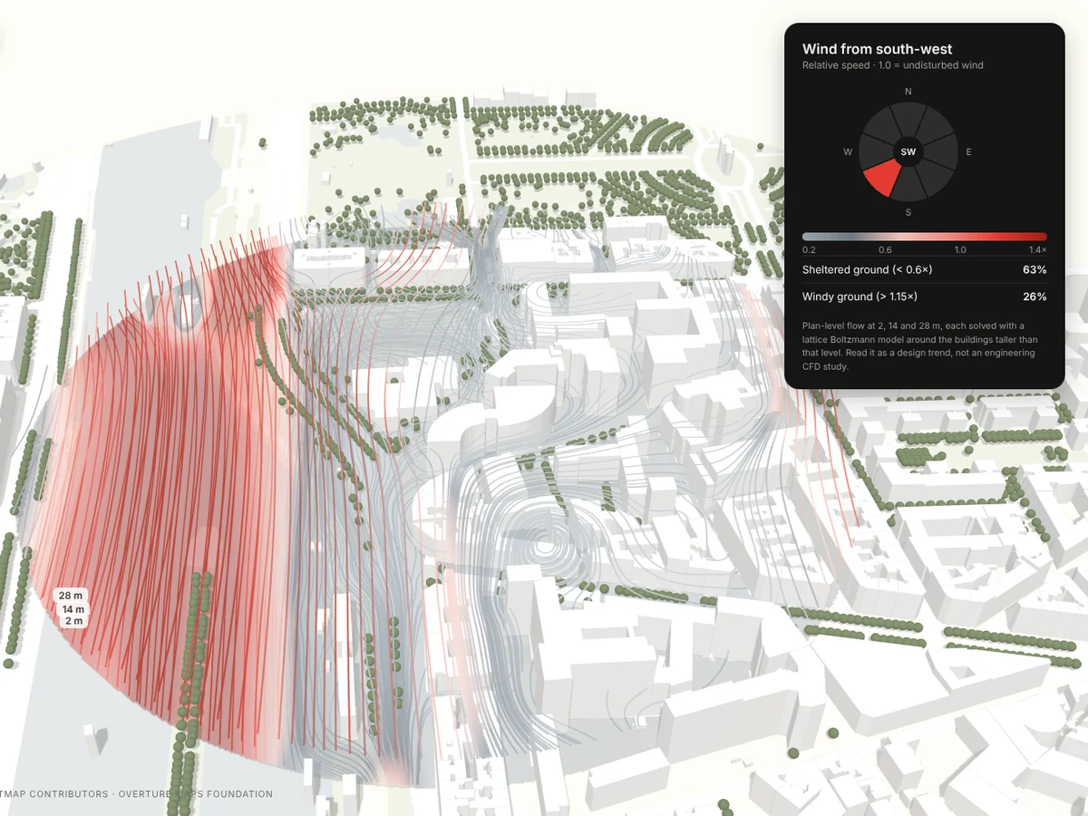 Wind streamlines at 2, 14 and 28 m, Paris, MapToNap