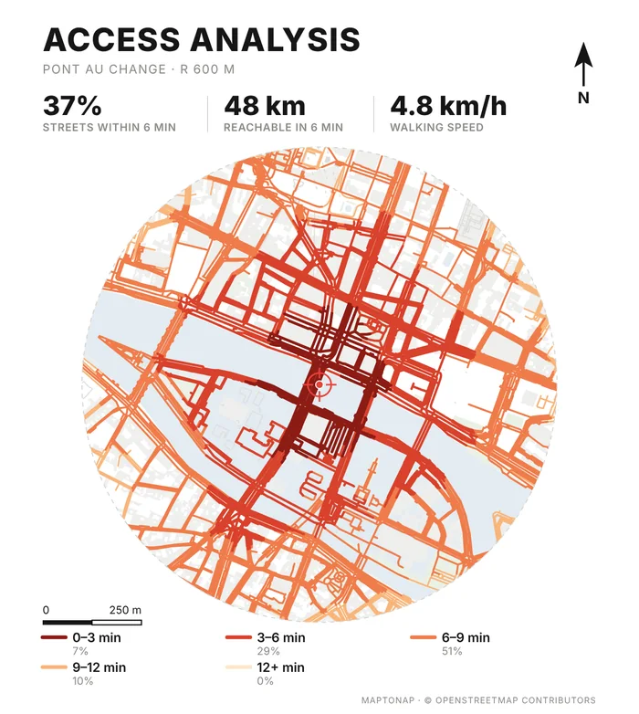 Walking isochrone access analysis for Pont au Change, Paris