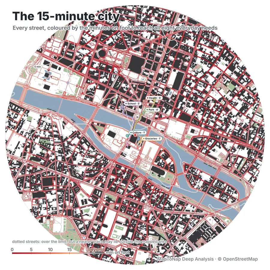 15-minute city map for Pont au Change, Paris: every street coloured by the minutes on foot to reach all eight everyday needs