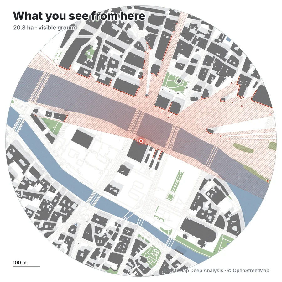 Sightlines from a point on Pont au Change, Paris: the visible ground area cut by surrounding buildings, generated in MapToNap Deep Analysis