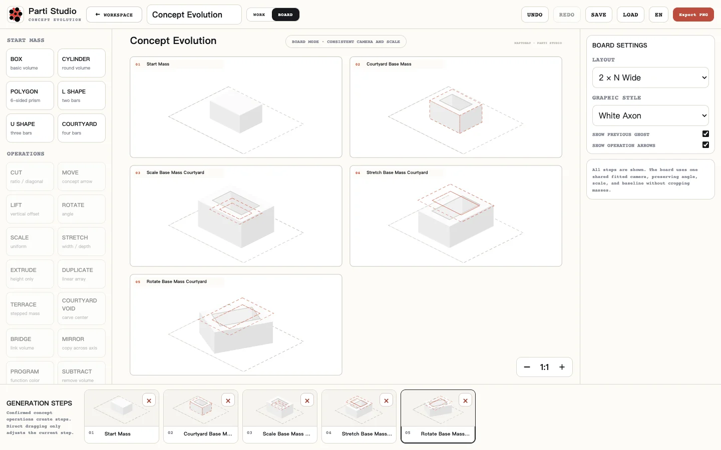 Secuencia de diagramas de partido arquitectónico hecha en Parti Studio de MapToNap